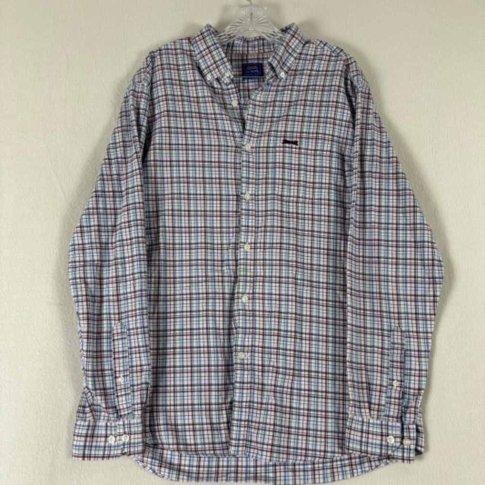Le Tigre men’s Long‎ Sleeve Button Down White with Red/Blue Stripes Size L